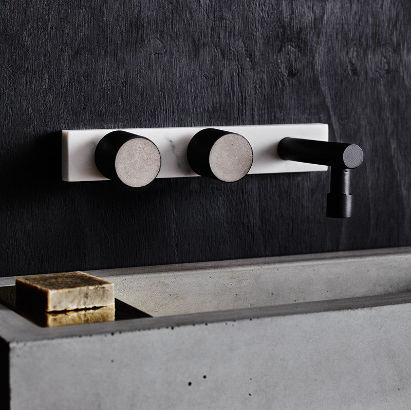 Tres 3-hole backplate in marble, shown with Olympia concrete/black taps and Jo-Hannah Long spout in black