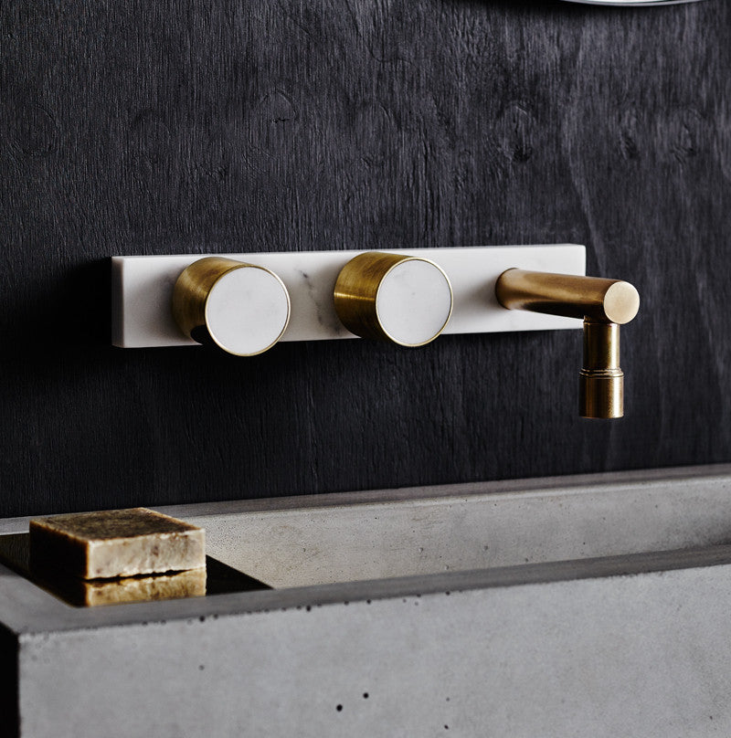 Tres 3-hole backplate in marble, shown with Mabel marble/brass taps and Jo-Hannah Long brass spout